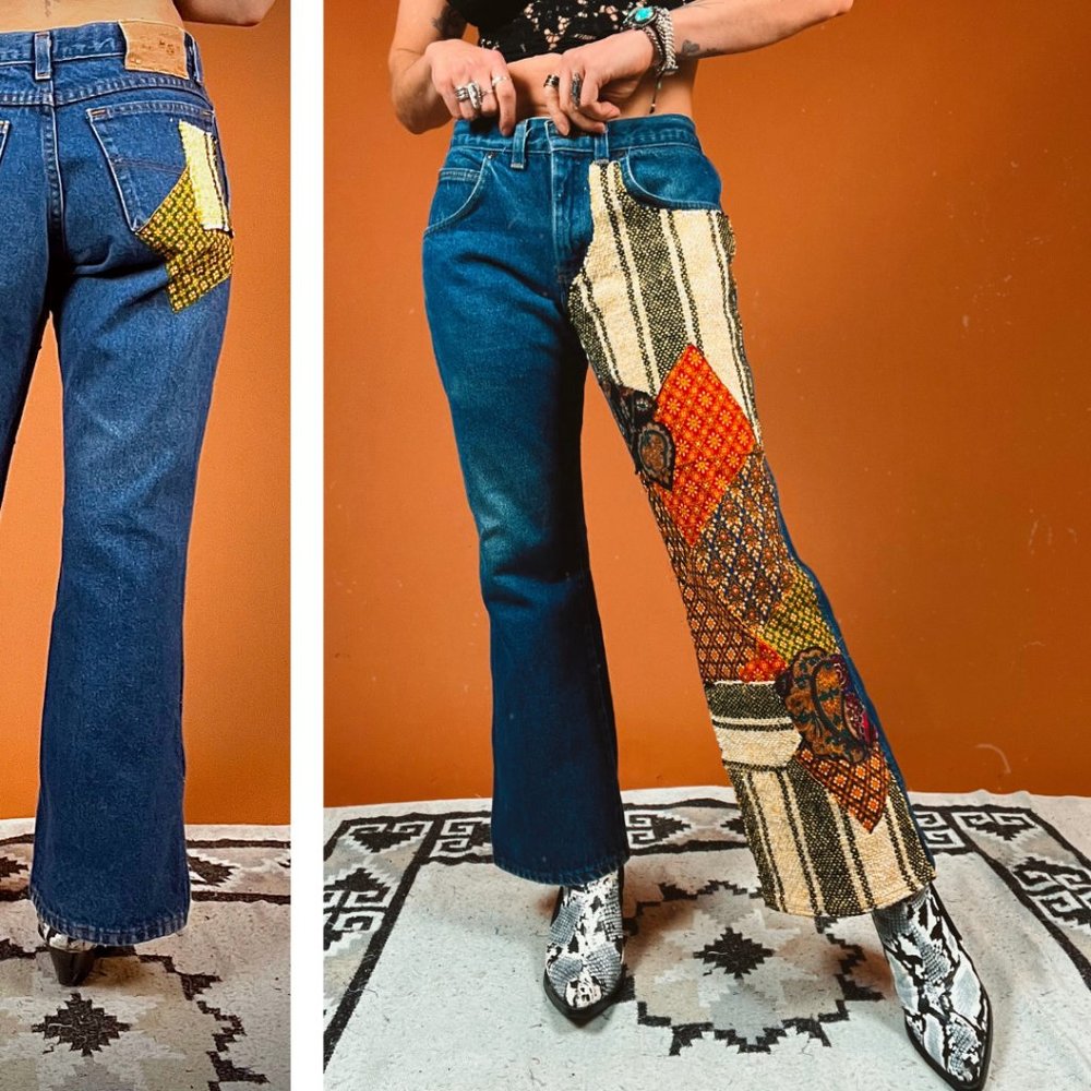 Reworked Vintage 60s 70s Retro Patchwork Statement Flare Dark Wash Jeans